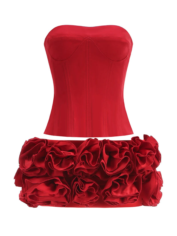 🎀 Birthday Glamour: 2-Piece Red Floral Skirt Set for Women - Perfect for Christmas, Weddings, and Prom Nights! 💃