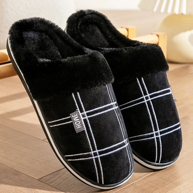 Large size 50-51 Plaid House Slippers for Man Memory Foam Winter Plush Indoor Male Shoes Warm Home Slippers 2024 Non Slip Black