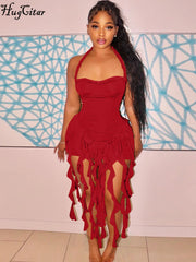 Hugcitar Elegant Halter Solid Ruffles Backless Taseel Sexy Slim Mini Dress Spring Women Cute Outfits Birthday Party Vacation