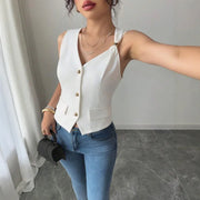Women's Elegant White Knitted Sleeveless Vest – Slim Fit with Gold Button Detail