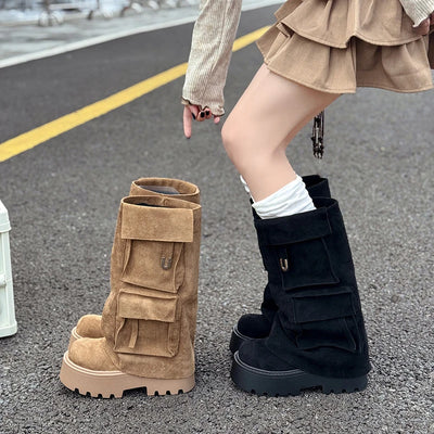 2025 Fall Winter New Brown Fashion Boots Versatile Platform Heightened Vintage Trouser Heel Boots Women