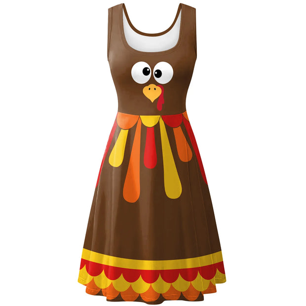 Nadanbao Funny Turkey Print Dress Summer U-neck Sleeveless Dresses Thanksgiving Family Party Women's Clothing Casual Lady Outfit