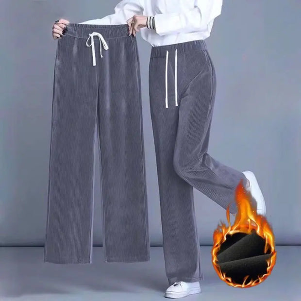 Autumn Winter Fleece Wide Leg Pants Women High Waist Loose All-match Straight Casual Trousers Simplicity Lacing Elastic Waist