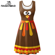 Nadanbao Funny Turkey Print Dress Summer U-neck Sleeveless Dresses Thanksgiving Family Party Women's Clothing Casual Lady Outfit