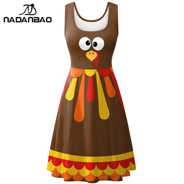 Nadanbao Funny Turkey Print Dress Summer U-neck Sleeveless Dresses Thanksgiving Family Party Women's Clothing Casual Lady Outfit