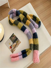 Women's Scarf - Cute Rainbow Stripe Color-Blocking Design, Elastic Stretchy Narrow Scarf for Winter Warmth, Handmade Fashion Acc