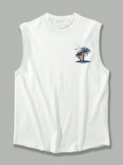 Men's Sleeveless Summer Tank – Coconut Tree & Surfboard Print, Breathable Leisure Fit