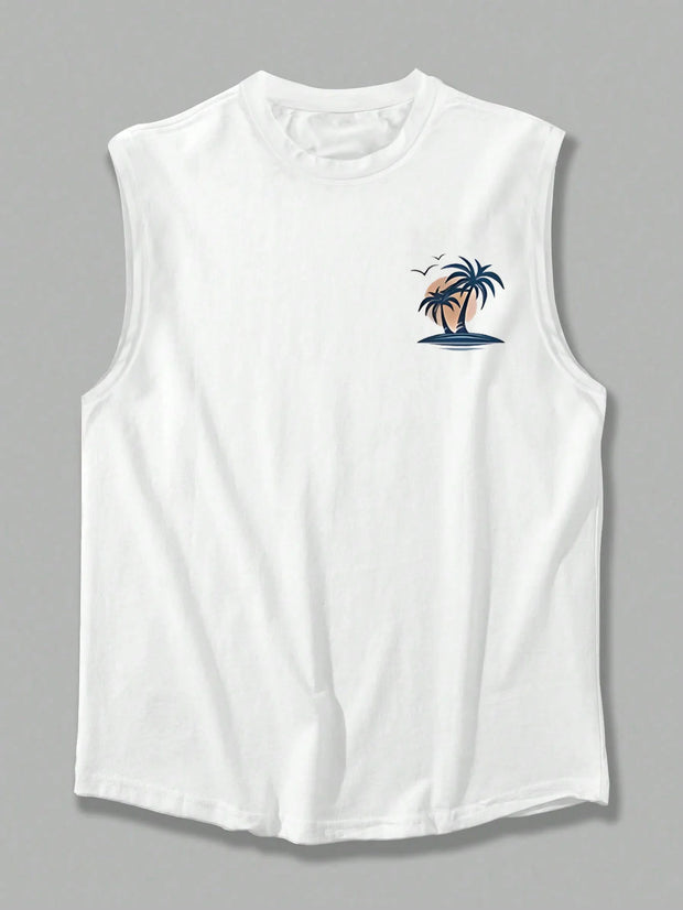 Men's Sleeveless Summer Tank – Coconut Tree & Surfboard Print, Breathable Leisure Fit