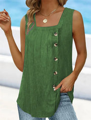 Women's Summer Sleeveless Pleated Tank – Square Neck & Swallowtail Hem