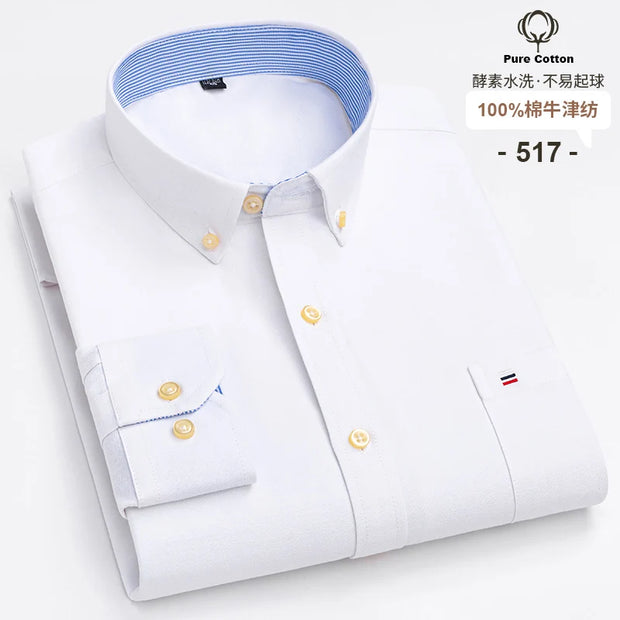 New Men Social Shirt Long Sleeve 100%Pure Cotton Oxford Soft Formal Male Clothes Oversized Pocket Shirt Men clothing S-7XL
