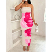 Women's fashion ins sexy ethos elegant slim-fit print with chest spread and slit bag buttock long dress