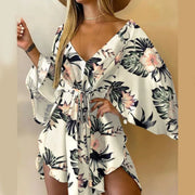 Women Print Dress Sexy V-Neck Bat Sleeve Ruffl Flowers Print Bohemian Beach Sundress Ladies Loose Summer Vacation Mini Dresses