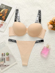 Women's Glossy Letter Lingerie Set – Push-Up Bra & Briefs, Sexy Two-Piece