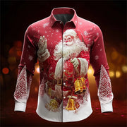 2026 New Men's Christmas Shirt Button Long Sleeve Fun Outdoor Festival Spring and Autumn Lapel 3D Printed Lapel Shirt Red