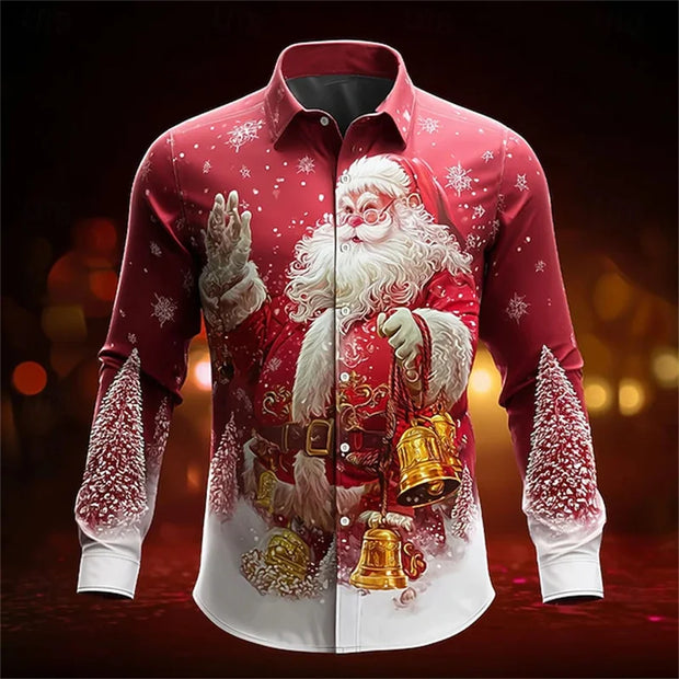2026 New Men's Christmas Shirt Button Long Sleeve Fun Outdoor Festival Spring and Autumn Lapel 3D Printed Lapel Shirt Red