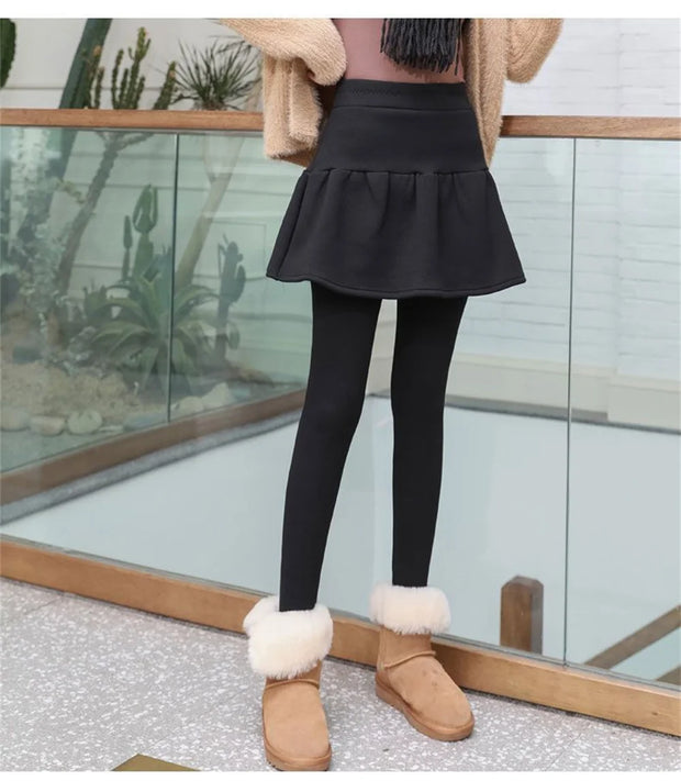 Skirt Leggings Autumn and Winter Fleece  Stretchy Warm High Waist Good Elastic Cotton Warm Leggings