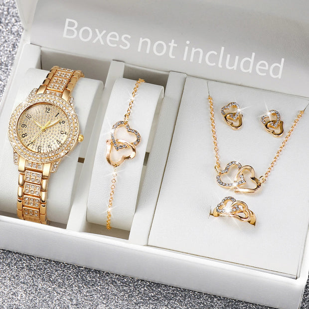 Women’s 6-Piece Rhinestone Quartz Watch & Heart Jewelry Set