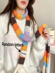 Women's Scarf - Cute Rainbow Stripe Color-Blocking Design, Elastic Stretchy Narrow Scarf for Winter Warmth, Handmade Fashion Acc