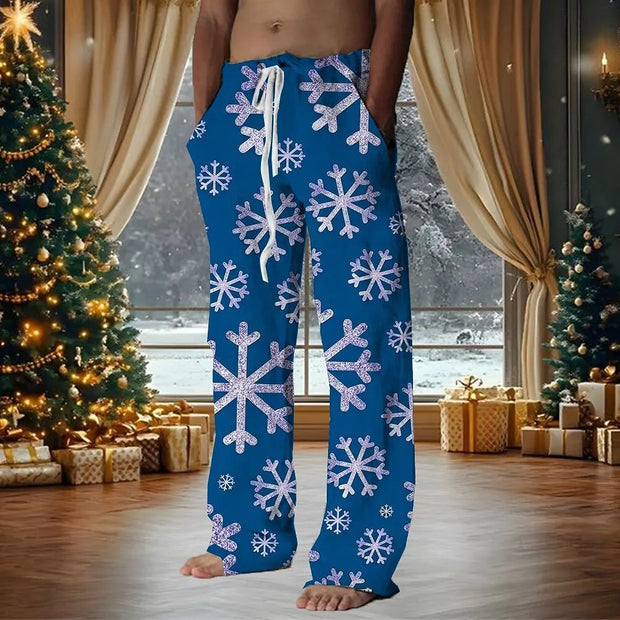 2025 Christmas Men's Snowflake Pants Trousers Drawstring Elastic Waist Casual Holiday Christmas Party Straight Leg Trousers