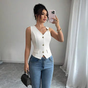 Women's Elegant White Knitted Sleeveless Vest – Slim Fit with Gold Button Detail