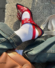 GIGIFOX Mary Jane Shoes For Women Pointed Toe Buckle Strap Slip On Slingback Pumps Spring Fashion Y2k Comfortable Low Heel