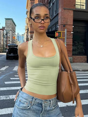 Women's Sleeveless Bodycon Crop Tank – Square Neck, Solid Color, Y2K Style