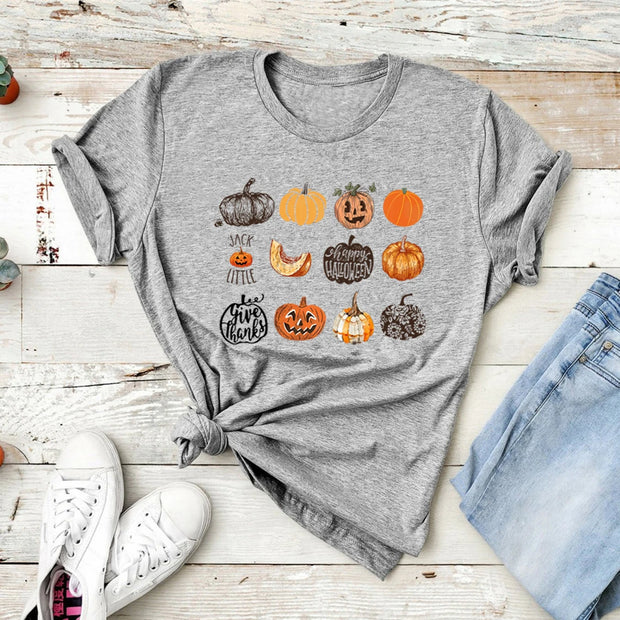 Fall Harvest Pumpkins Jack O Lantern Women T-Shirt Halloween Shirt Short Sleeve Graphic T Shirts Cute Halloween Pumpkin Tshirt