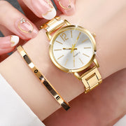 Women’s Elegant Steel Strap Quartz Watch & Love Bracelet Set