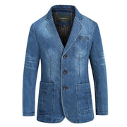 Autumn Winter Men's Denim Suit Cotton Slim Blazer Jacket Long Sleeve Single Breasted Button Pockets