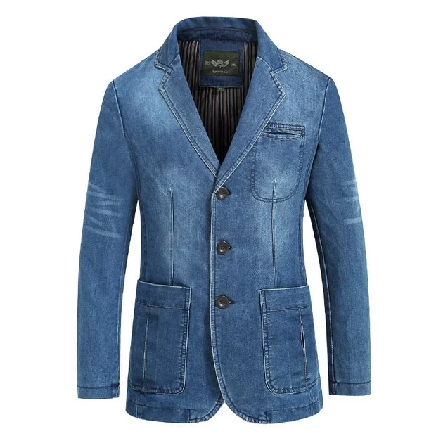 Autumn Winter Men's Denim Suit Cotton Slim Blazer Jacket Long Sleeve Single Breasted Button Pockets