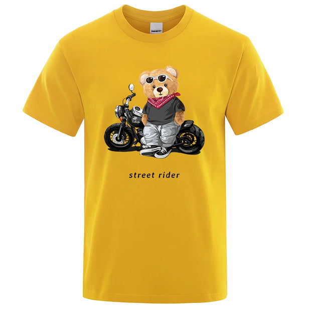 Motorcycle Enthusiast Street Ted Rider Printed T-Shirt Men Loose Casual Short Sleeves Summer Breathable Tee Cotton Clothing