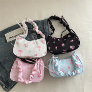 Hand Bags for Ladies Summer Women's BM Style Floral Canvas Pleated Tote Bag Korean Flower Bow Printed Zipper Cute Armpit Bag