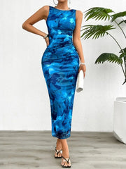 Women's 2024 Spring Summer New Fashionable Printed Round Neck Style Slimming Sleeveless Tight Dress With Split Bottom