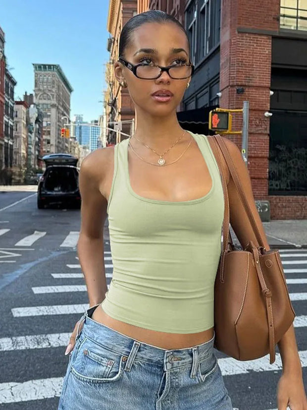 Women's Sleeveless Bodycon Crop Tank – Square Neck, Solid Color, Y2K Style