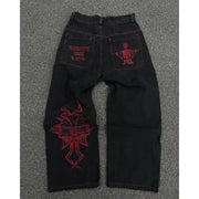 Men's 2024 New Cotton Fashion Fully Embroidered Skull Loose Straight Casual Jeans Pants High Street Hip-Hop Y2K Vintage Pants