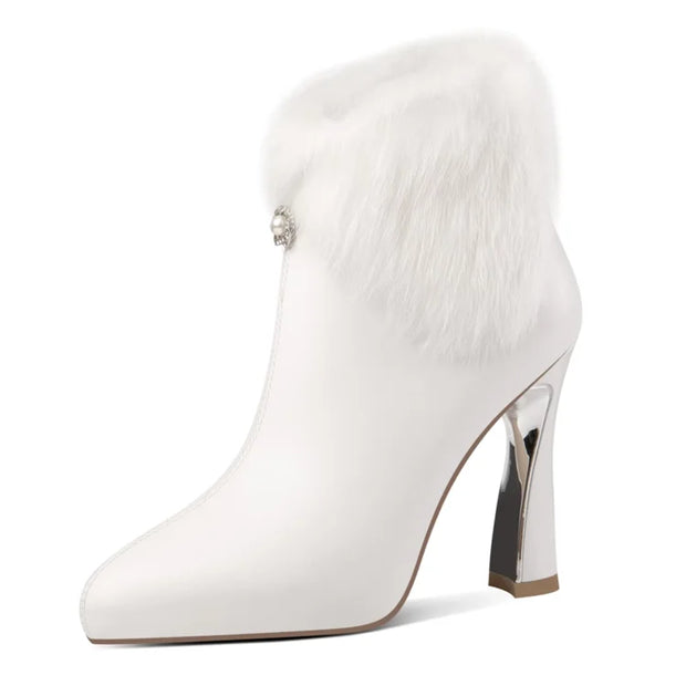 Fall/Winter Fashion Pointed Toe Inner Platform Rabbit Fur Block Heel Heels Side Zip Booties Elegant Ankle Boots