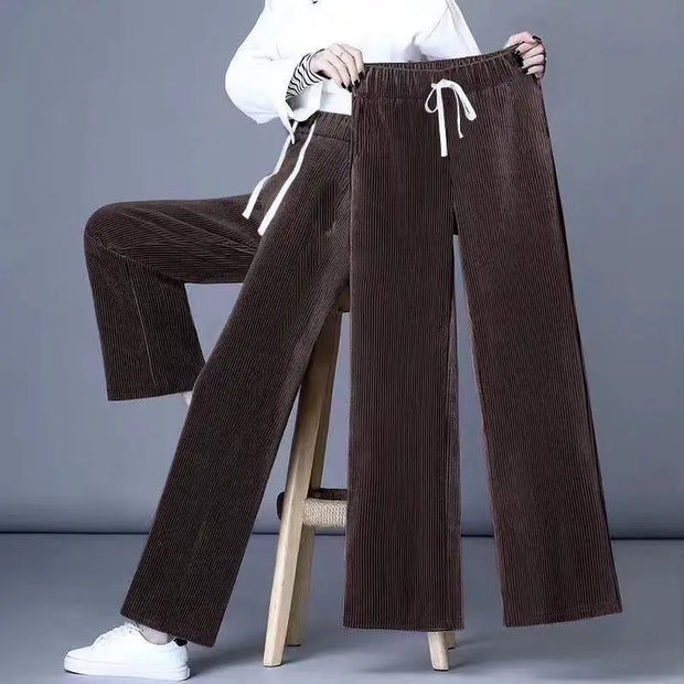 Autumn Winter Fleece Wide Leg Pants Women High Waist Loose All-match Straight Casual Trousers Simplicity Lacing Elastic Waist