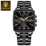 POEDAGAR Men's Square Chronograph Watch – Waterproof, Luminous, Stainless Steel Quartz Timepiece