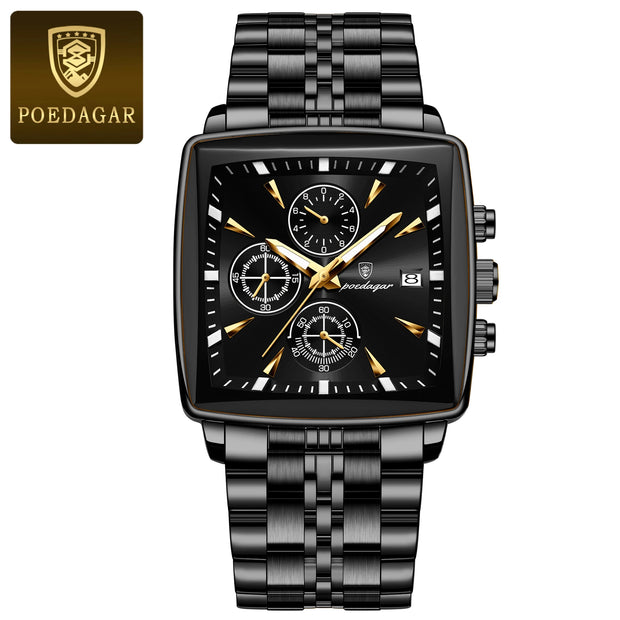 POEDAGAR Men's Square Chronograph Watch – Waterproof, Luminous, Stainless Steel Quartz Timepiece