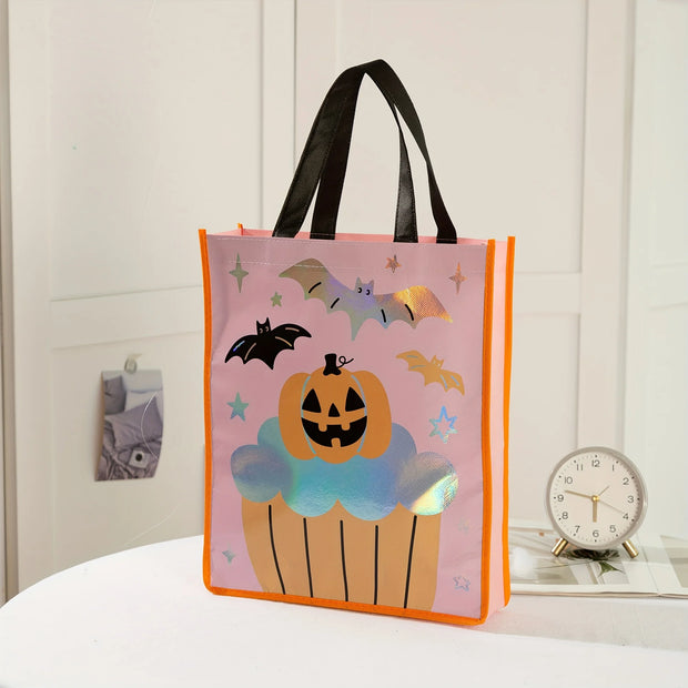 Halloween Party Bags - Non-Woven Fabric Gift Bags with Pumpkin, Grimace, Cat, Bats, Candy Designs  - Sturdy Handles for Trick