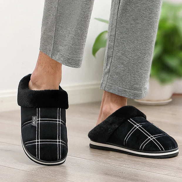Large size 50-51 Plaid House Slippers for Man Memory Foam Winter Plush Indoor Male Shoes Warm Home Slippers 2024 Non Slip Black