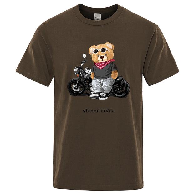 Motorcycle Enthusiast Street Ted Rider Printed T-Shirt Men Loose Casual Short Sleeves Summer Breathable Tee Cotton Clothing