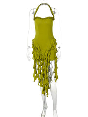 Hugcitar Elegant Halter Solid Ruffles Backless Taseel Sexy Slim Mini Dress Spring Women Cute Outfits Birthday Party Vacation