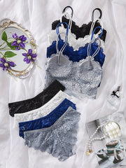 4PCS Women's Lace Lingerie Set – Non-Wire Bralette & Transparent Low-Rise Briefs