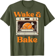 Thanksgiving Wake and Bake Funny Turkey Day Dad Men Women T-Shirt Humorous Thankful Graphic Outfit Short Sleeve Saying Tee Tops