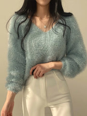 Women's Soft Cozy V-Ne Sweater Autumn Winter Faion Sweet Large V-Ne Knitted Top Women's Faion Trendy Sweater