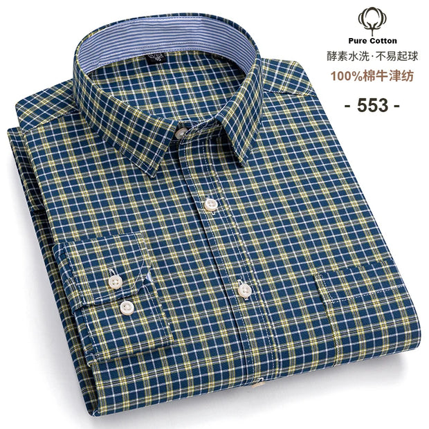 New Men Social Shirt Long Sleeve 100%Pure Cotton Oxford Soft Formal Male Clothes Oversized Pocket Shirt Men clothing S-7XL