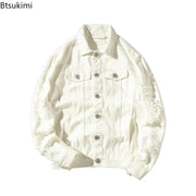New 2025 Men's Fashion Jeans Jacket Solid Spring Autumn Cotton Denim Jacket Men Red White Black Pink Ripped Hole Jean Coats Male
