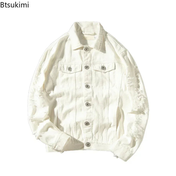 New 2025 Men's Fashion Jeans Jacket Solid Spring Autumn Cotton Denim Jacket Men Red White Black Pink Ripped Hole Jean Coats Male