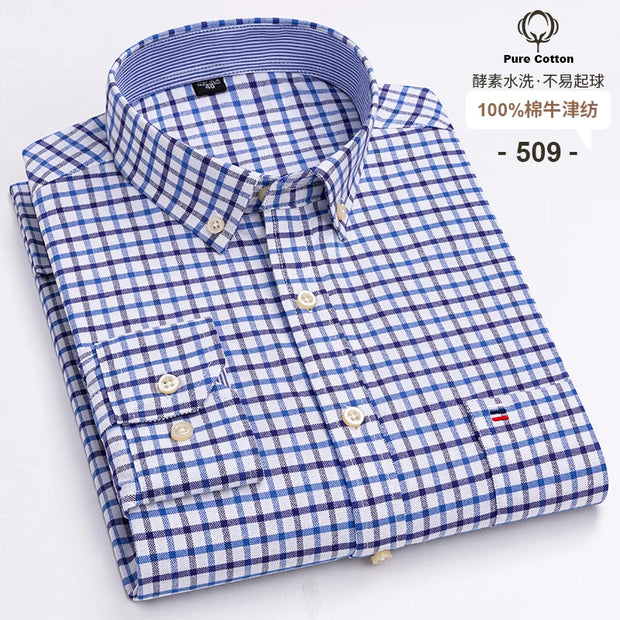 New Men Social Shirt Long Sleeve 100%Pure Cotton Oxford Soft Formal Male Clothes Oversized Pocket Shirt Men clothing S-7XL